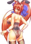  animal_ears ass bare_back bare_shoulders big_hair bow breasts bunny_ears bunnysuit cat_ears from_behind hair_bow hand_on_hip large_breasts long_hair looking_back orange_eyes orange_hair original parted_lips ponytail sideboob skindentation smile solo thighhighs very_long_hair wrist_cuffs yamaneko_ken 