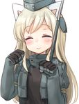  animal_ears bad_id bad_pixiv_id black_gloves blonde_hair cat_day cat_ears closed_eyes gloves highres jacket juliet_sleeves kantai_collection kemonomimi_mode long_hair long_sleeves military military_uniform open_clothes open_jacket paw_pose puffy_sleeves sawatari_(sado) smile solo u-511_(kantai_collection) uniform very_long_hair 