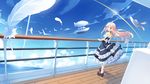  ahoge ame_no_uta blonde_hair blue_eyes day dress feathers gloves hair_between_eyes hat highres ia_(vocaloid) long_hair looking_at_viewer mary_janes outdoors parted_lips platform_footwear railing shoes sky socks solo standing sun_hat very_long_hair vocaloid wallpaper water white_gloves white_legwear 