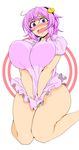  ahoge ass blouse blush bottomless breasts colorized commentary_request curvy d: embarrassed hairband heart highres huge_breasts impossible_clothes kage_hitsugi komeiji_satori naked_shirt open_mouth pandain purple_eyes purple_hair shirt shirt_tug short_hair short_sleeves sitting sketch solo tears thick_thighs thighs tongue touhou wariza white_background wide_hips 