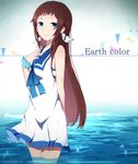  blue_eyes brown_hair dress highres long_hair mukaido_manaka nagi_no_asukara sailor_dress satou_chisaki school_uniform serafuku standing wading water 