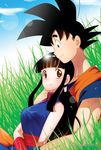  1girl bangs black_eyes black_hair blunt_bangs blush brown_eyes chi-chi_(dragon_ball) couple dragon_ball grass hair_bun hetero leaning_back leaning_on_person long_hair ponytail sidelocks sitting smile son_gokuu sweatband younger yukimitsuki 