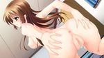  1girl anus areolae ass ass_grab bed blush breasts brown_hair censored cum cum_in_pussy cum_on_body cum_on_lower_body embarrassed from_behind game_cg highres kneeling legs long_hair looking_away morita_kazuaki nipples nude orange_eyes pussy sakura_iro_no_amour:_imouto_amour_hen solo thighs 