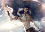  armlet bad_id bad_pixiv_id blue_hair bracelet bracer cape cu_chulainn_(fate/grand_order) danhu fangs fate/grand_order fate/stay_night fate_(series) jewelry lancer long_hair male_focus muscle shirtless solo 