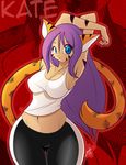  animal_ears big_breasts black_stripes blue_eyes breasts cat_ears cat_tail chalo clothing feline female hair human kate_summers long_hair looking_at_viewer mammal purple_hair solo stripes 