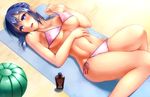  arima_kouichi beach bikini blue_eyes blue_hair blush breasts covered_nipples hand_on_own_stomach large_breasts looking_at_viewer lotion lying on_back open_mouth original short_hair side-tie_bikini solo strap_lift sweat swimsuit towel underboob 