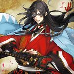  battoujutsu_stance black_hair blue_eyes braid fighting_stance grin haori izumi-no-kami_kanesada japanese_clothes katana kimono long_hair male_focus piyo ready_to_draw sheath sheathed shinsengumi smile solo sword touken_ranbu very_long_hair weapon 