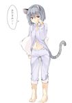  alternate_costume animal_ears barefoot cushion full_body grey_hair hasebe_yuusaku long_sleeves looking_at_viewer midriff mouse_ears mouse_tail navel nazrin open_mouth pajamas pants red_eyes shirt short_hair simple_background solo speech_bubble tail text_focus touhou translated white_background 