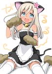  :d absurdres alternate_costume animal_ears bell blue_eyes cat_day cat_ears cat_paws cat_tail fake_animal_ears highres kantai_collection long_hair looking_at_viewer maid open_mouth paws ro-500_(kantai_collection) ryuki_(ryukisukune) silver_hair sitting smile solo tail tan tanline thighhighs translation_request white_legwear zettai_ryouiki 