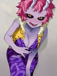  :d :p ashido_mina bangs bare_shoulders black_sclera blush boku_no_hero_academia breasts buttons cleavage collarbone colored_eyelashes downblouse fingernails fur_trim grey_background half-closed_eyes horns kuroshin large_breasts leaning_forward long_fingernails looking_at_viewer nail_polish naughty_face nose_blush open_clothes open_mouth open_vest pink_hair pulled_by_self purple_nails purple_skin shadow short_hair simple_background smile solo tongue tongue_out unbuttoned unitard vest yellow_eyes 