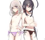  ahoge androgynous bad_id bad_pixiv_id black_hair blush cowboy_shot crossdressing hands_on_hips hands_together honebami_toushirou long_hair looking_at_viewer male_focus multiple_boys namazuo_toushirou navel nipples panties ponytail purple_eyes side-tie_panties sketch striped striped_panties touken_ranbu underwear underwear_only usashi very_long_hair white_background 