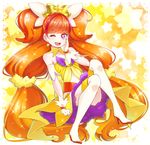  ;d absurdres amanogawa_kirara bare_shoulders choker cure_twinkle earrings go!_princess_precure highres jewelry long_hair magical_girl md5_mismatch one_eye_closed open_mouth orange_hair petticoat precure purple_eyes smile solo star star_earrings starry_background thighhighs twintails very_long_hair white_legwear yellow_background yupiteru 