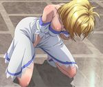  angelise_ikaruga_misurugi bare_shoulders between_legs blonde_hair breast_hold breasts cross_ange dress hand_between_legs highres jewelry kneeling masturbation medium_breasts necklace off_shoulder on_floor pendant screencap shadow shiny shiny_hair shiny_skin short_hair short_sleeves solo strapless strapless_dress white_dress 