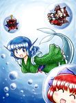  ? animal_ears blue_eyes blue_hair blush bow breasts brown_hair cape closed_eyes grass_root_youkai_network hair_bow hair_ornament imaizumi_kagerou japanese_clothes kimono large_breasts long_hair long_sleeves looking_at_viewer mermaid monster_girl multiple_girls nitamago open_mouth red_hair sekibanki short_hair swimming tail touhou underwater wakasagihime water wolf_ears wolf_tail 