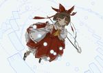  ascot bow brown_eyes brown_hair danmaku detached_sleeves dress gohei hair_bow hair_tubes hakurei_reimu long_sleeves red_dress seeker solo touhou wide_sleeves 