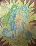  2010 anthro blue_eyes blue_fur blue_hair breasts dawniie duo feline female fur green_hair grey_fur hair hi_res kara long_hair mammal navel nude raptor007 white_fur yellow_eyes 