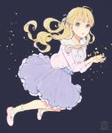  :o black_background blonde_hair cardigan cupping_hands dark_background dress floating floating_hair full_body grey_eyes hair_ribbon half_updo long_hair mary_janes mosuko open_mouth original parted_lips ribbon shoes simple_background socks solo star yellow_legwear 