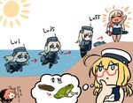  &gt;:&lt; ahoge aqua_eyes blew_andwhite blonde_hair blue_eyes blush_stickers chibi evolution frog glasses i-58_(kantai_collection) i-8_(kantai_collection) kantai_collection lifebuoy red-framed_glasses ro-500_(kantai_collection) school_swimsuit semi-rimless_glasses sun swimsuit tan tanline thought_bubble u-511_(kantai_collection) under-rim_glasses waving |_| 