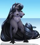  2015 anthro areola big_breasts black_hair black_nipples blue_hair breasts chubby equine female grey_skin hair hooves horn horse long_hair looking_at_viewer mammal navel nipples nude pussy revadiehard smile solo standing thick_thighs unicorn yellow_eyes 