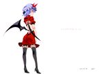  adapted_costume bat_wings black_legwear blue_hair bow character_name fishnet_legwear fishnet_pantyhose fishnets from_behind hat hat_bow looking_back nyuu_(manekin-eko) pantyhose red_eyes remilia_scarlet solo touhou white_background wings 