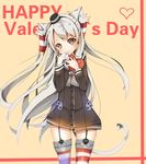  absurdres amatsukaze_(kantai_collection) animal_ears bad_id bad_pixiv_id bangs blurry box brown_eyes cat_ears cat_tail cowboy_shot dango_remi depth_of_field dress english hair_tubes half_updo happy_valentine head_tilt heart heart-shaped_box highres kantai_collection long_hair long_sleeves looking_at_viewer orange_background sailor_dress silver_hair smile solo striped striped_legwear swept_bangs tail tareme thighhighs two_side_up valentine zettai_ryouiki 