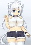  ahoge animal_ears belly blue_eyes blush breasts bursting_breasts button_gap cat_ears cat_tail covered_nipples crop_top expressionless felt_whitesnow frown highres large_breasts midriff oppai_loli original panties plump pout puffy_nipples sawati short_hair short_hair_with_long_locks short_shorts shorts solo striped striped_panties tail tareme thighhighs underwear watch white_hair wristwatch 