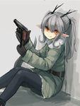  ahoge antlers bee_(deadflow) black_legwear dragon_girl dragon_tail eyebrows fang grey_hair gun handgun kuryuu_kohaku long_hair magazine_(weapon) makarov_pm orange_eyes original pantyhose pistol pointy_ears reloading solo tail thick_eyebrows twintails weapon 