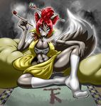  2015 anthro big_breasts blush breasts canine clothed clothing drugs female fox fur green_eyes grey_fur hair looking_at_viewer mammal navel pillow pipe red_hair sitting skimpy smile smoking socks spread_legs spreading tailzkim teeth underwear white_fur 