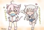  ^_^ ahoge animal_ears brown_eyes cat_ears cat_paws cat_tail closed_eyes commentary fang fish hair_ornament heart i-58_(kantai_collection) jako_(jakoo21) kantai_collection long_hair multiple_girls open_mouth paws pink_hair ro-500_(kantai_collection) short_hair silver_hair smile tail translated twitter_username 
