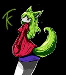  2015 anthro bedroom_eyes black_background blush breasts butt canine coat female fur green_fur green_hair grey_fur hair inviting looking_at_viewer looking_back mammal plain_background skirt smile socks tailzkim wolf yellow_eyes 