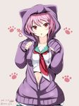  animal_hood cat_day cat_hood collarbone crop_top dated gin'ichi_(akacia) hood hooded_jacket jacket kantai_collection looking_at_viewer navel neckerchief parted_lips paw_pose pink_hair red_eyes sailor_collar school_uniform serafuku short_hair sleeves_past_wrists solo tama_(kantai_collection) twitter_username unzipped upper_body 