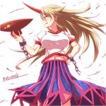  abs bad_id bad_pixiv_id banned_artist blonde_hair breasts cuffs cup horn hoshiguma_yuugi kisaragi_zwei large_breasts long_hair long_skirt midriff oni red_eyes sakazuki shackles shirt skirt solo touhou very_long_hair wind 