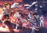  4girls :d admiral_(kantai_collection) ahoge backlighting bangs bare_shoulders battleship bird black_hair black_legwear boots brown_eyes brown_hair cannon carrying cloud detached_sleeves double_bun downscaled feathers frilled_skirt frills glasses haruna_(kantai_collection) hat headband headgear hiei_(kantai_collection) kantai_collection kirishima_(kantai_collection) kongou_(kantai_collection) long_hair looking_at_viewer md5_mismatch military military_uniform military_vehicle multiple_girls naval_uniform nontraditional_miko open_mouth orange_eyes outdoors outstretched_arm peach_(momozen) perspective pleated_skirt princess_carry profile resized ship short_hair sitting skirt sky smile standing standing_on_one_leg sunset tareme thigh_boots thighhighs tsurime uniform vehicle_request warship watercraft zettai_ryouiki 
