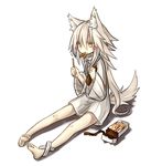  animal_ears barefoot blush_stickers dress food full_body kazana_(sakuto) original pocky saku_(kazana) simple_background sitting solo sweater sweater_dress tail white_background white_hair wolf_ears wolf_tail yellow_eyes 