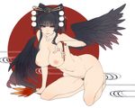  ban black_hair blush breasts dead_or_alive fan hair_ornament hauchiwa hime_cut inverted_nipples large_breasts looking_at_viewer mole mole_under_mouth navel nipples nude nyotengu pubic_hair purple_eyes simple_background smile solo wings 