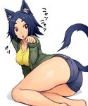  1girl animal_ears aruko_(nac000) ass bangs blue_hair breasts cardigan cat_ears cat_tail cleavage curvy eyebrows looking_at_viewer lying nac000 on_side open_mouth original parted_bangs paw_pose red_eyes short_hair short_shorts shorts solo tail thick_eyebrows thick_thighs wide_hips 
