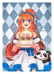  1girl 2014 anniversary bare_shoulders birthday_cake blue_eyes cake choker dress finni_chang food headphones idol long_hair mascot orange_hair original pacific_media_expo panda solo sparkle very_long_hair 