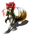  2015 anthro army belt breasts camo canine clothed clothing female fox fur green_eyes hair mammal navel pants red_hair shoes tailzkim tongue tongue_out white_fur yellow_fur 