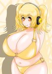  1girl atherbirochi bikini blonde_hair breasts gigantic_breasts headphones nitroplus plump red_eyes super_pochaco swimsuit twintails 