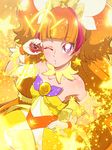  amanogawa_kirara bare_shoulders bow brown_hair choker cure_twinkle earrings gloves go!_princess_precure jewelry long_hair looking_at_viewer magical_girl multicolored_hair one_eye_closed precure purple_eyes quad_tails red_hair shuriken_sentai_ninninger solo star star_earrings streaked_hair super_sentai tj-type1 twintails two-tone_hair white_gloves 