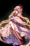  absurdly_long_hair black_background blonde_hair colorized dress gradient gradient_background hat hat_ribbon highres hug_(yourhug) long_hair long_legs long_sleeves looking_at_viewer mob_cap puffy_sleeves purple_eyes ribbon simple_background sketch smile solo tabard touhou very_long_hair white_dress wide_sleeves yakumo_yukari 