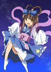 alternate_hairstyle bow brown_hair cosplay dress hair_bow hair_rings long_hair night open_mouth orihime orihime_(cosplay) ribbon shawl smile solo star_(sky) star_sapphire taishi_(moriverine) touhou 