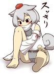  animal_ears black_eyes blush blush_stickers detached_sleeves feet grey_hair grey_panties hat inubashiri_momiji panties scarf scarf_over_mouth short_hair smile soles solo tail toes tokin_hat touhou underwear wolf_ears wolf_tail zannen_na_hito 