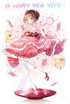  bad_id bad_pixiv_id blush brown_hair card cardcaptor_sakura chinese_zodiac clow_card cup dress food frilled_dress frills green_eyes hair_bobbles hair_ornament highres holding hoshi_no_tsue kero kinomoto_sakura lolita_fashion looking_at_viewer magical_girl mochi nengajou new_year obi pantyhose ryota_(ry_o_ta) sakazuki sash sheep short_hair smile staff standing standing_on_one_leg twintails wa_lolita wand white_legwear zouri 