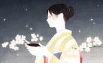  absurdres black_hair cherry_blossoms cup hair_bun highres japanese_clothes kimono namito obi original pale_skin petals profile sakazuki sash solo striped upper_body vertical_stripes 
