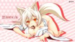 2015 animal_ear_fluff animal_ears bangs bare_legs barefoot blush bottomless breasts cleavage eyebrows fang foreshortening fox_ears fox_tail full_body hair_between_eyes heart heart_background highres kohaku_(yua) large_breasts long_hair looking_at_viewer lying on_stomach orange_eyes original short_eyebrows slit_pupils smile solo tail tareme thick_eyebrows twitter_username valentine very_long_hair wallpaper white_hair yua_(checkmate) 