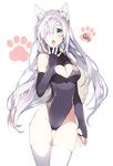  :o animal_ears artist_name bad_id bad_pixiv_id bangs bare_shoulders black_gloves blue_eyes blush breasts cat_ears cleavage cleavage_cutout clenched_hand contrapposto cowboy_shot detached_sleeves earrings elbow_gloves elizabeth_liones fingerless_gloves glint gloves groin hair_over_one_eye halterneck hand_to_own_mouth heart_cutout highleg highleg_leotard hips jewelry leotard long_hair looking_at_viewer medium_breasts nanatsu_no_taizai open_mouth paw_print relly simple_background skin_tight solo standing surprised thigh_gap thighhighs turtleneck very_long_hair white_background white_hair white_legwear wide_hips 