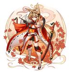  absurdres animal_ears blonde_hair borrowed_character fox_ears fox_tail highres ichibi_(sukemyon) kazana_(sakuto) leaf long_hair original red_eyes short_hair solo sword tail weapon 