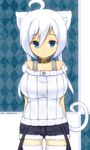  ahoge animal_ears blue_eyes blush breasts cat_ears cat_tail character_name felt_whitesnow hair_between_eyes large_breasts looking_at_viewer original ribbed_sweater sawati short_hair_with_long_locks short_shorts shorts solo sweater tail tank_top white_hair 