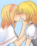  alice_margatroid ascot blonde_hair blush braid capelet closed_eyes couple hairband hand_on_another's_cheek hand_on_another's_face imminent_kiss kirisame_marisa long_hair multiple_girls nip_to_chip no_hat no_headwear open_mouth short_hair side_braid touhou yellow_eyes yuri 